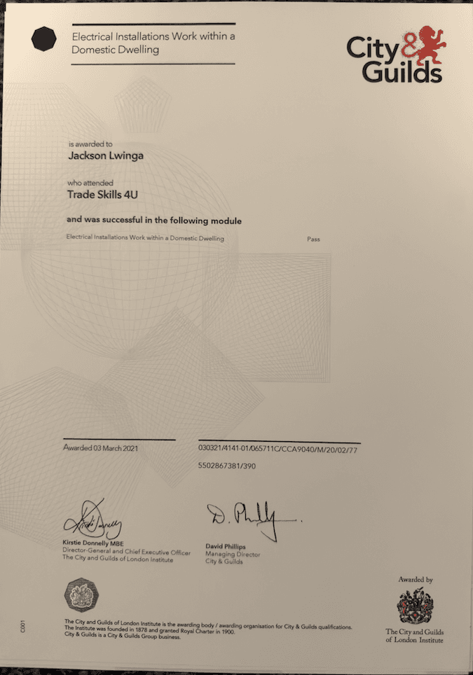City & Guilds certificate for Electrical Installations Work within a Domestic Dwelling, awarded to Jackson Lwinga in March 2021