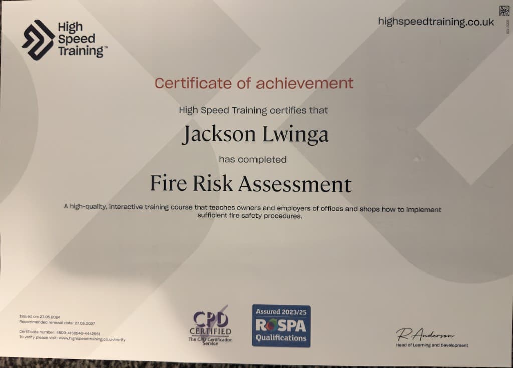 High Speed Training certificate of achievement in Fire Risk Assessment, awarded to Jackson Lwinga in May 2024